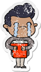 distressed sticker of a cartoon man crying