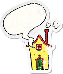 cartoon house and speech bubble distressed sticker