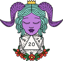 tiefling with natural twenty d20 dice roll illustration