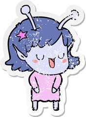 distressed sticker of a happy alien girl cartoon