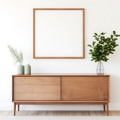 Contemporary Charm: Stylish White Wall Living Room Scene Featuring a Blank Poster Frame and Wooden Sideboard