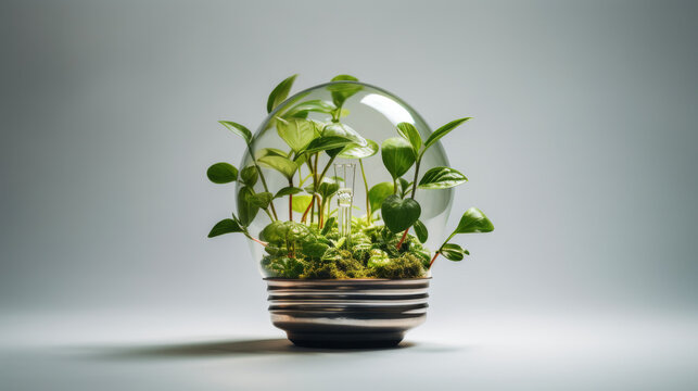 Energy saving light bulb and tree growing on the ground on bokeh nature background. Saving, accounting and financial concept Idea of renewable energy and saving energy.