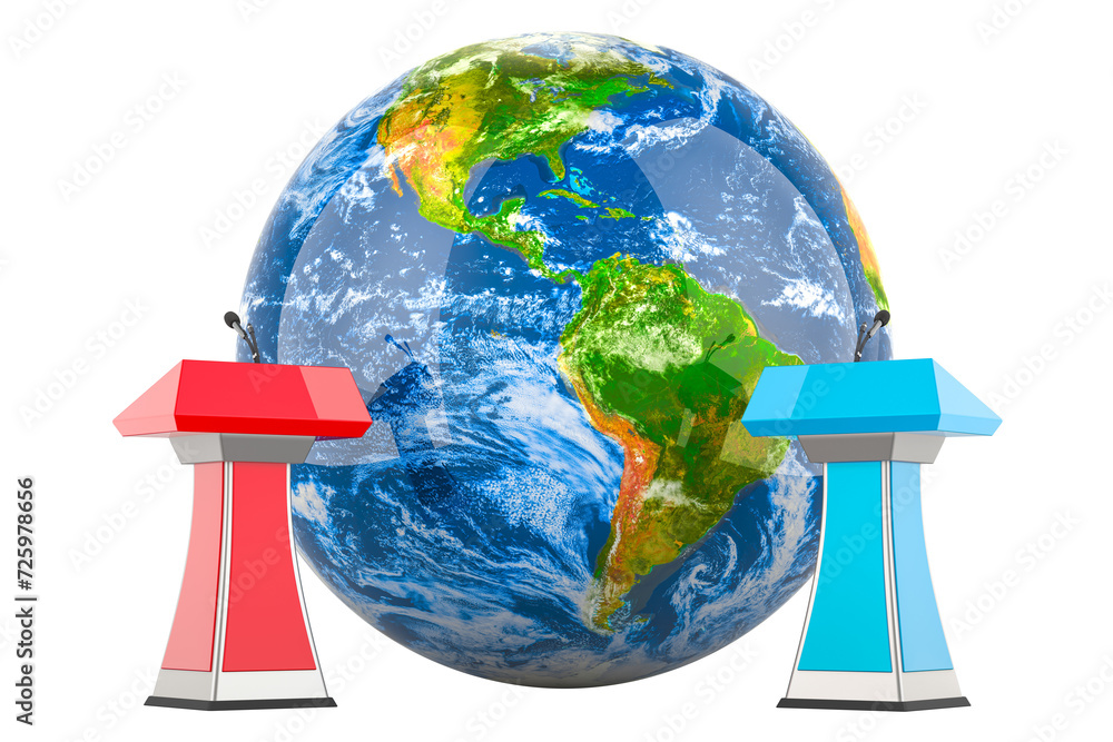 Poster global debate concept with tribunes and earth globe. 3d rendering isolated on transparent background