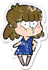 distressed sticker of a cartoon whistling girl