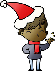 gradient cartoon of a woman thinking wearing santa hat