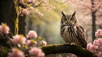 owl sitting on branch in spring