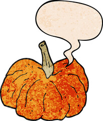 cartoon squash and speech bubble in retro texture style