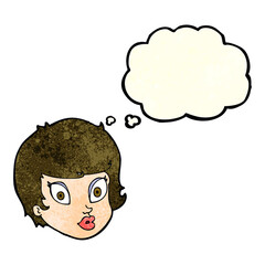 cartoon surprised female face with thought bubble