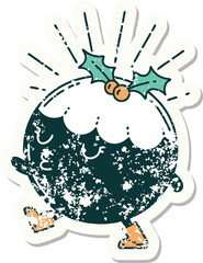 grunge sticker of tattoo style christmas pudding character walking