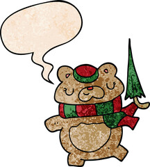 cartoon bear and umbrella and speech bubble in retro texture style