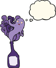 cartoon ghost in bottle with thought bubble