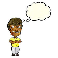 cartoon grinning man with thought bubble