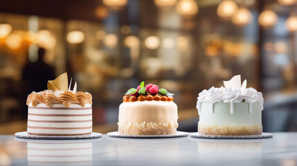 Three different layered frosted cakes close up decorated with berries in a cafe or patisserie, blurred background
