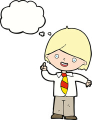 cartoon school boy answering question with thought bubble