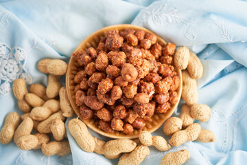 Bowl of sugar coated peanuts or garapiñados