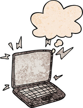 cartoon laptop computer and thought bubble in grunge texture pattern style
