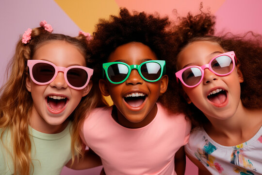 Three Joyful Children Wearing Colorful Sunglasses Against a Vibrant Backdrop