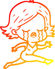 warm gradient line drawing cartoon girl crying whilst running
