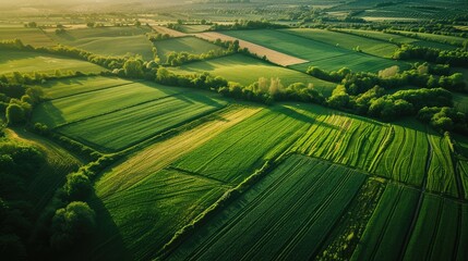 Aerial view of a rural landscape with green fields and plants and agricultural farm land of natural background - obrazy, fototapety, plakaty
