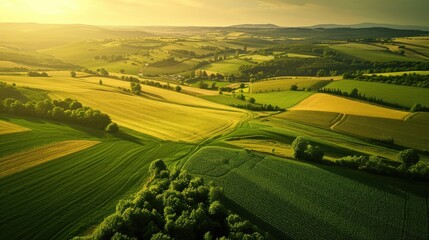 Fototapeta na wymiar Aerial view of a rural landscape with green fields and plants and agricultural farm land of natural background