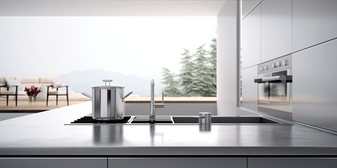 minimalistic design Professional kitchen, view counter in stainless steel - Powered by Adobe