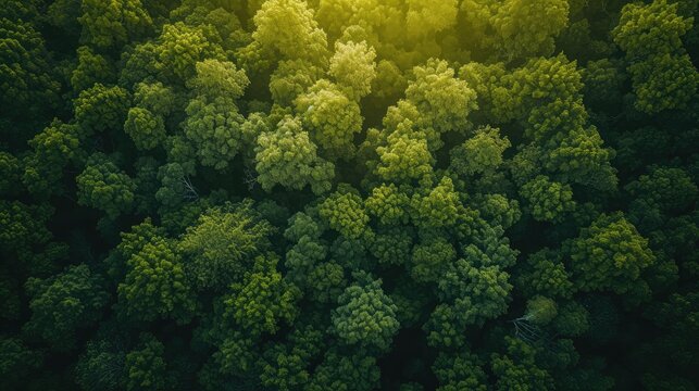 Aerial top view forest tree, Rainforest ecosystem and healthy environment concept background, Texture of green tree forest view from above, Beautiful sunrise over the mountains