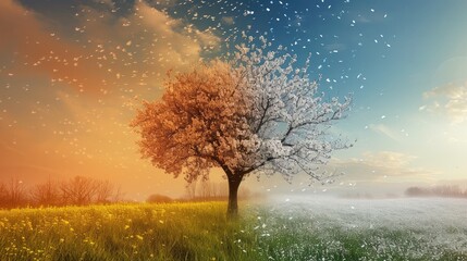 Change of seasons from winter to spring and summer