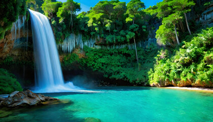 Waterfall. Turquoise Water. Crystal Pool. Nature. Scenic. Cascading. Tranquil. Landscape. Clear Water. Serene. Idyllic. Natural Beauty. Refreshing. Turquoise Cascade. Aquatic Paradise. AI Generated.