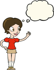 cartoon waving woman with thought bubble