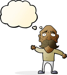cartoon worried old man with thought bubble