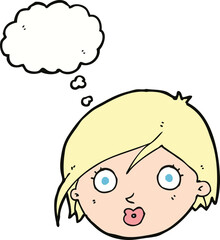 cartoon surprised female face with thought bubble