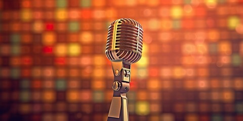 minimalistic design Retro style microphone on a stage with comic background