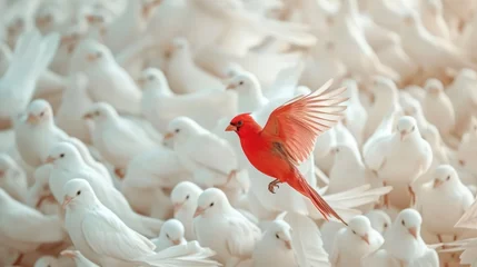 Foto op Plexiglas Close up red bird flying different through a group of white bird, Game changer business. vintage filter style. © buraratn