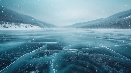 Cracks on the surface of the blue ice. Frozen lake in winter mountains. It is snowing