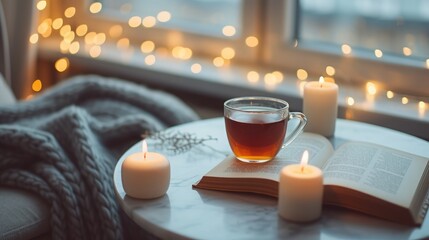 Cup of tea with paper open book and burning scented candles on marble table over cozy chair and...