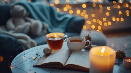 Obraz na płótnie Canvas Cup of tea with paper open book and burning scented candles on marble table over cozy chair and glowing lights in bedroom closeup. Winter holiday season.