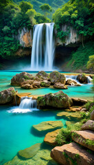 Waterfall. Turquoise Water. Crystal Pool. Nature. Scenic. Cascading. Tranquil. Landscape. Clear Water. Serene. Idyllic. Natural Beauty. Refreshing. Turquoise Cascade. Aquatic Paradise. AI Generated.