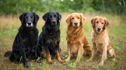 curly coated retriever, golden retriever, labrador, nova scotia duck tolling retriever and flat coated retriever dogs sitting together outdoors