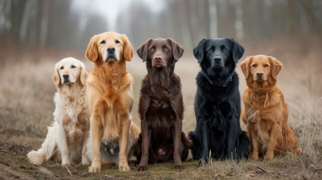 curly coated retriever, golden retriever, labrador, nova scotia duck tolling retriever and flat coated retriever dogs sitting together outdoors