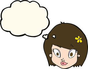 cartoon happy female face with thought bubble