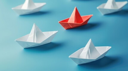 Group of white paper ship in one direction and one red paper ship pointing in different way on blue background. Business for innovative solution concept.