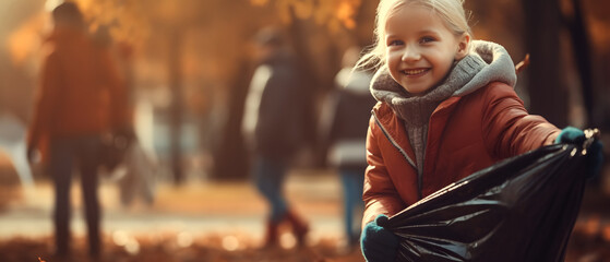 happy child collecting garbage taking care of the environment giving setting an example for adults