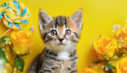 Friendly kitten on a yellow background.