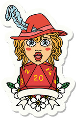 human bard character with natural 20 dice roll sticker