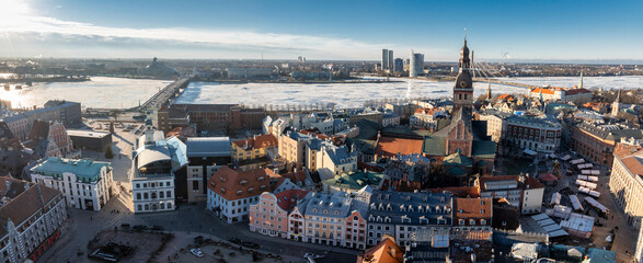 Aerial view of the Christmas market in Riga, Latvia.