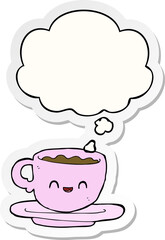 cartoon hot cup of coffee and thought bubble as a printed sticker