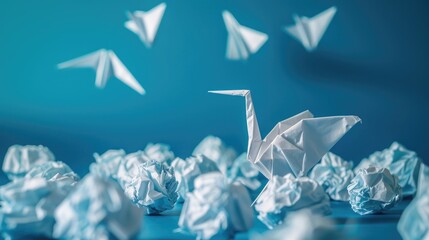 New ideas or transformation concept with crumpled paper balls and a crane, teamwork, creativity, business concept