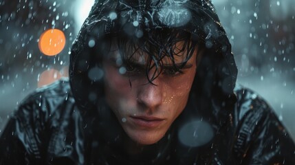 Portrait of young man in drenched jacket in heavy rain.