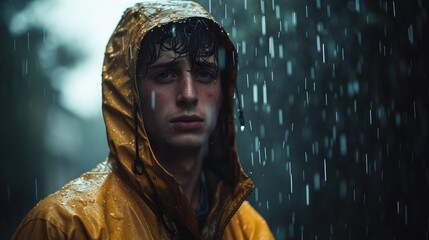 Portrait of young man in drenched jacket in heavy rain.