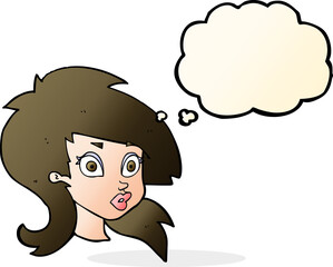 cartoon pretty surprised woman with thought bubble
